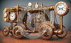 Steampunk time machine fantastic vehicle, retro technology illustration. Generative Ai