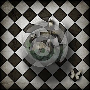 Steampunk time warp bubble on chequered background