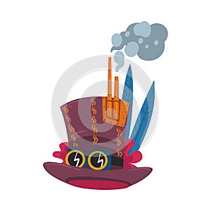 Steampunk Top Hat with Goggles, Antique Mechanical Device or Mechanism, Stylized Cartoon Style Vector Illustration