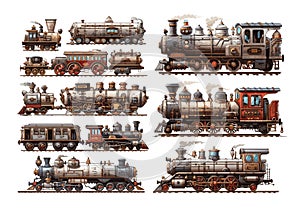 Steampunk trains cartoon vector set. Railway vehicles vintage tubes pipes steam engine machinery retro transport