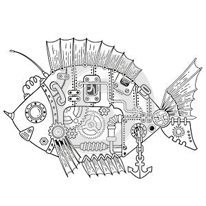 Steampunk vector coloring page. Vector coloring book for adult for relax and medetation. Art design of a fictional mechanical fish