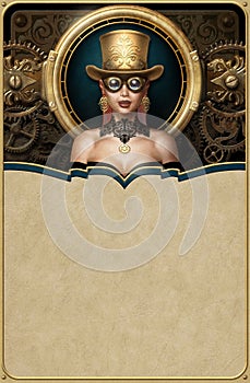 Steampunk victorian poster design with top hat and goggles lady illustration