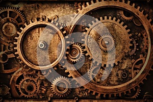 Steampunk vintage frame background, cogs and gears on grunge canvas paper. Generative AI