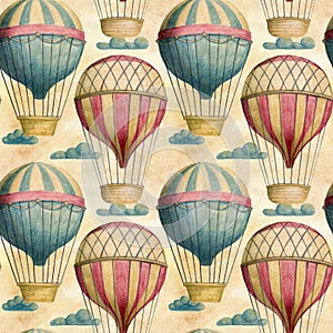 Steampunk vintage seamless pattern with air balloons and clouds.