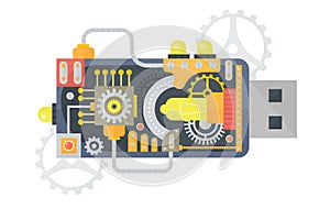 Steampunk vintage USB flash drive with different small gears and lamps inside. Vector illustration