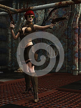 Steampunk warrior girl in dystopian factory