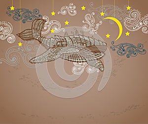 Steampunk whale in night sky