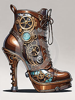 steampunk woman footwear, high heel boot on white background, generative ai illustration, cartoon style