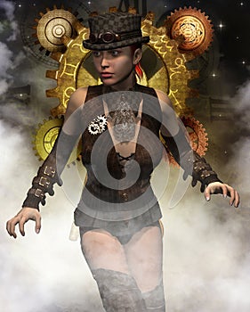 Steampunk woman in the mist