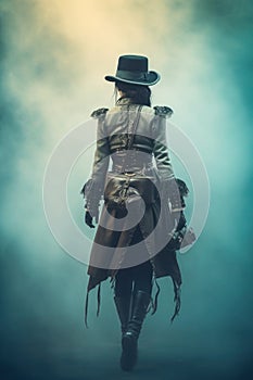 steampunk woman walking in the fog.