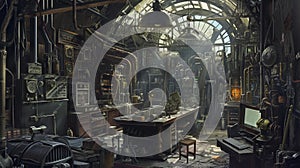 Steampunk Workshop old room interior. Generative Ai