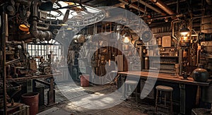 Steampunk Workshop old room interior. Generative Ai