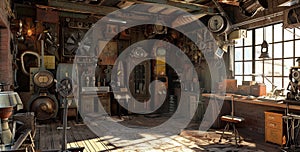 Steampunk Workshop old room interior. Generative Ai