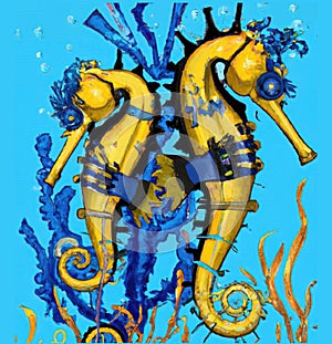 Steampunk yellow and blue seahorses - generative AI