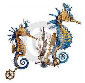 Steampunk yellow and blue seahorses - generative AI