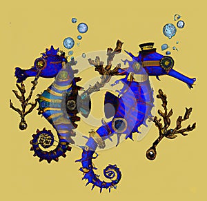 Steampunk yellow and blue seahorses - generative AI