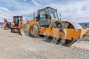 A steamroller at a road construction site
