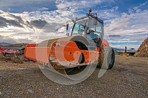 Steamroller at a road construction site