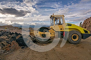 Steamroller at a road construction site