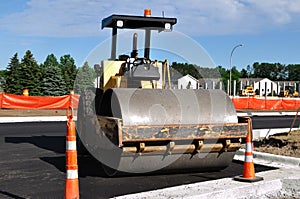Steamroller at Road Construction Site