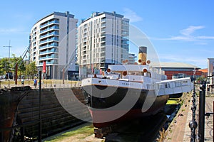 Historic steam ship in drydock