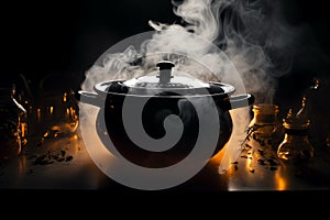 Steamy ambiance Dark logo, steaming pot with vaporous allure