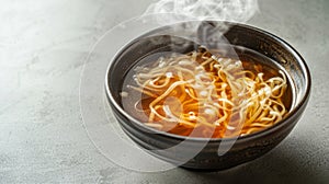 Steamy Asian Noodle Soup in Ceramic Bowl on Textured Surface