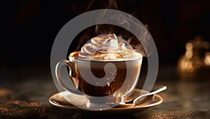 Steamy cappuccino on rustic table, perfect for coffee break relaxation generated by AI