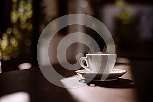 Steamy coffee cup in the sunlight