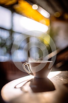 Steamy coffee cup in the sunlight
