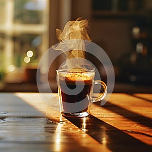 Steamy cup of singleorigin Java coffee on wooden table