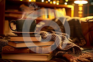 Steamy cup on a stack of books with a scarf