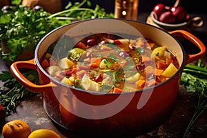 steamy dutch oven stew with colorful vegetables