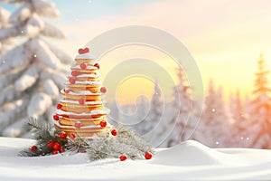 Steamy freshly baked pancakes on snowy yard under bright winter sun, creating a cozy winter scene