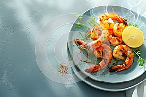 Steamy grilled shrimp on a blue plate with lemon and dill, evoking a fresh seaside dining experience.