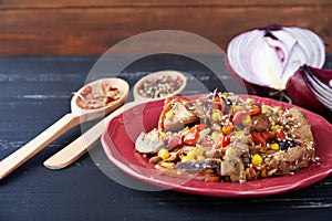 Steamy hot meat with vegetables