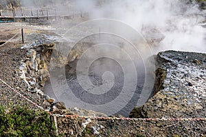 Steamy hot springs near the shores of Lagoa das Furnas, in the Sao Miguel island Azores, Portugal