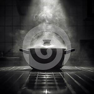 Steamy kitchen Pot emitting steam, dark logo, saucepan, culinary ambiance