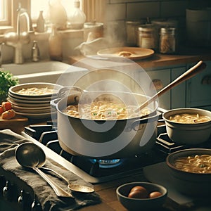 Steamy Kitchen Scene: Cooking Pasta on Stove