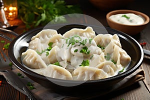 Steamy Meat dumplings pelmeni bowl. Generate ai