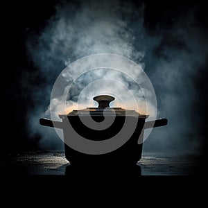 Steamy mystery Pot emitting steam, dark logo, saucepan in shadows