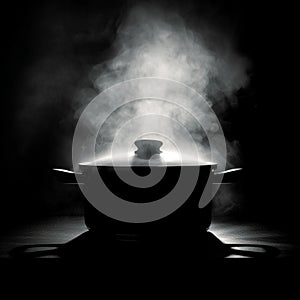 Steamy mystery Pot emitting steam, dark logo, saucepan in shadows