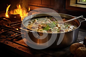 steamy pot of clam chowder on a stove