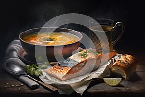 Steamy salmon soup. Generative AI