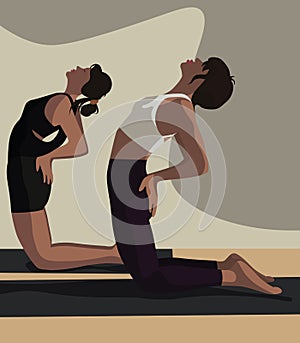 Steamy yoga two girls meditate in a backbend pose