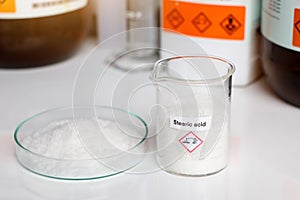 Stearic acid in glass, chemical in the laboratory