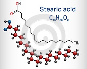 Stearic acid,  octadecanoic, saturated fatty acid molecule. Structural chemical formula and molecule model