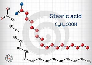 Stearic acid,  octadecanoic, saturated fatty acid molecule. Structural chemical formula and molecule model. Sheet of paper in a