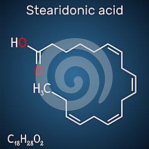 Stearidonic acid, moroctic acid, SDA molecule. Structural chemical formula on the dark blue background