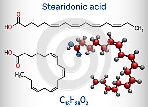 Stearidonic acid, moroctic acid, SDA molecule. Structural chemical formula and molecule model